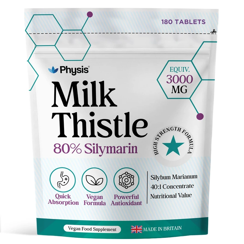 Physis Milk Thistle High Strength Food Supplement | 80% Silymarin | Milk Thistle Seeds | 180 x Tablets | Vegan Food Supplement | Made in Britain