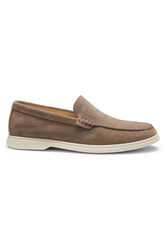 BOSS Mens Sienne Loaf Portuguese-Made Suede Loafers with Contrast Sole Size 12 Beige