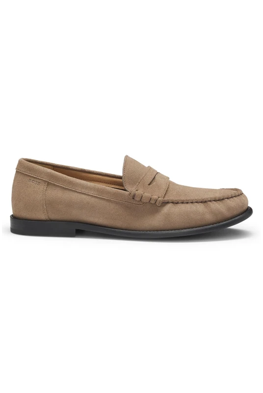 BOSS Mens Tevan Mocc Suede Moccasins with Penny Trim and Embossed Logo Size 9 Beige