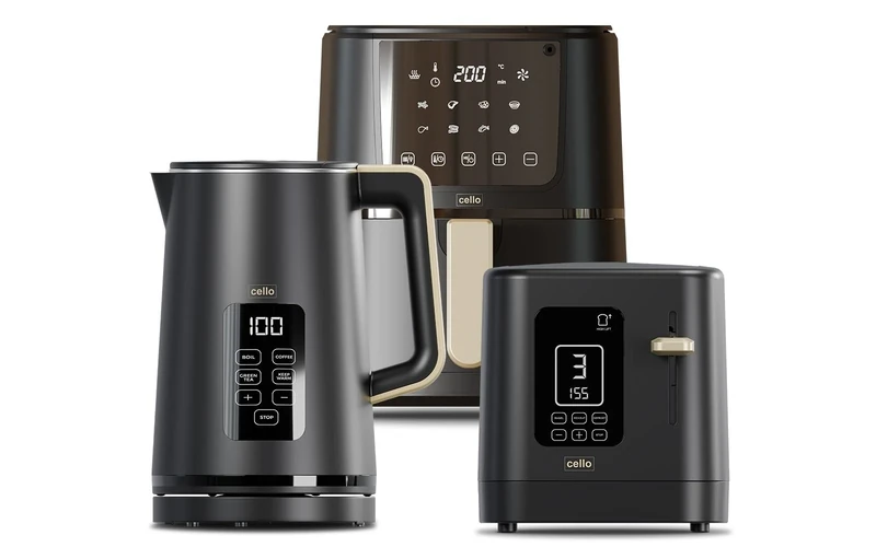 Cello Black Kitchen Bundle: 1.7L 3000W Kettle with Temperature Control & LED Display | 800W 2 Slice Toaster with Digital Timer & High Lift | 4L 1400W Air Fryer with 8 Presets & Touch Control