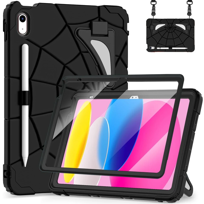 Kids Case for iPad (A16) 11th / 10th Generation (2025/2022), with Screen Protector & Shoulder Strap & Pencil Holder, Shockproof Cover (Black-Black)