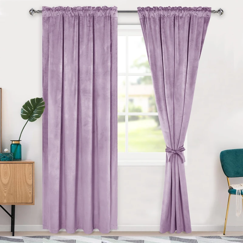 Hiasan Velvet Curtains 90 inch Blackout Rod Pocket Thermal Insulated Soft Curtains Room Darkening Window Drapes with Tiebacks for Bedroom Living Room, Set of 2 Panels, 52W x 90L, Purple