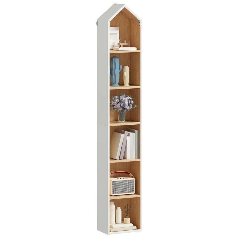 YITAHOME Tall Narrow Bookcase, l House Shaped Thin Corner 6-Tier Free Standing Bookshelf, Space-Saving Design Display Storage for Home & Office, White & Oak, 30W × 23.5D × 181H CM