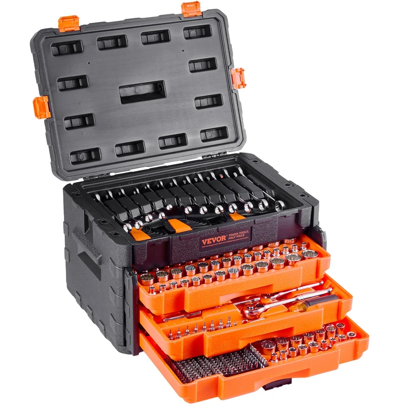 VEVOR Mechanics Tool Set and Socket Set, 450 Pcs, 6.4, 9.5 and 12.7 mm Drive Deep and Standard Sockets, SAE Metric Mechanic Tool Kit with Bits, Wrenches, Accessories, Storage Case with Orange Drawer