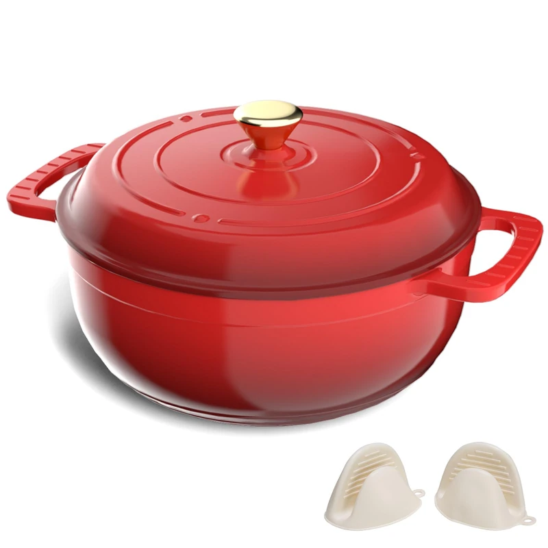 ROVSUN Enameled Cast Iron Round Dutch Oven, 6QT Pot with Lid &Dual Handles with Silicone Gloves,Oven Safe up to 260°C, Heavy-Duty Pre-Seasoned Cookware for Bread Baking, Braising, Stews, Roasting, Red