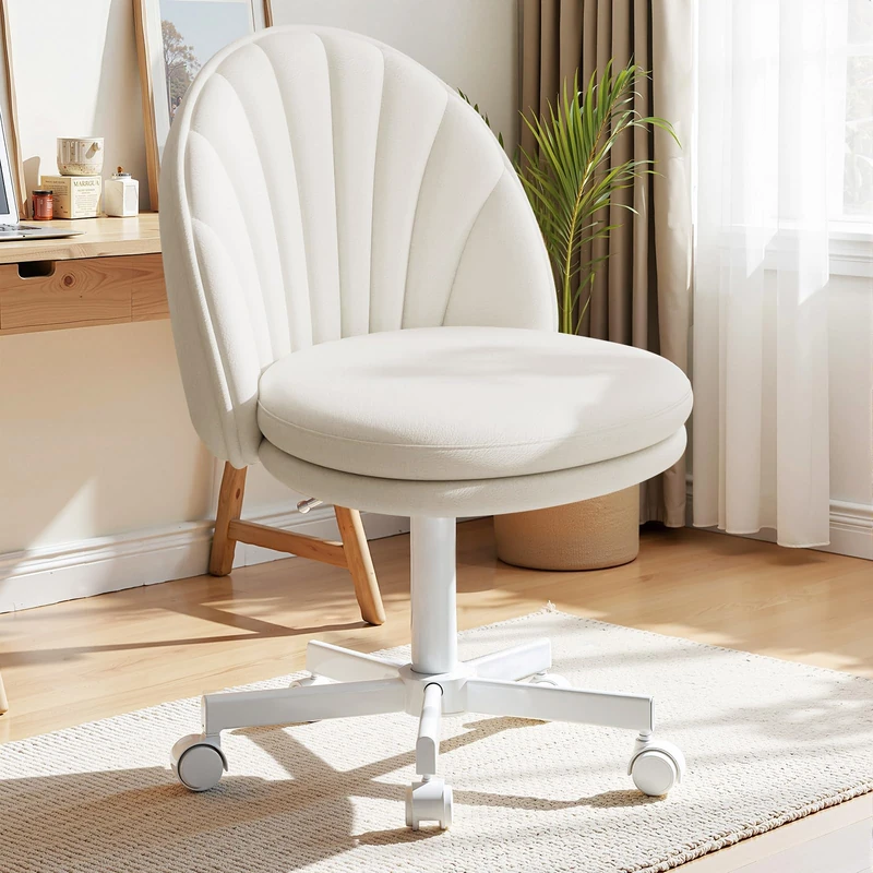 COMHOMA Desk Vanity Chair with Wheels Makeup Dressing Table Chairs Swivel Armless Height Adjustable Foam Padded Bedroom Office Chair, PU Leather, White