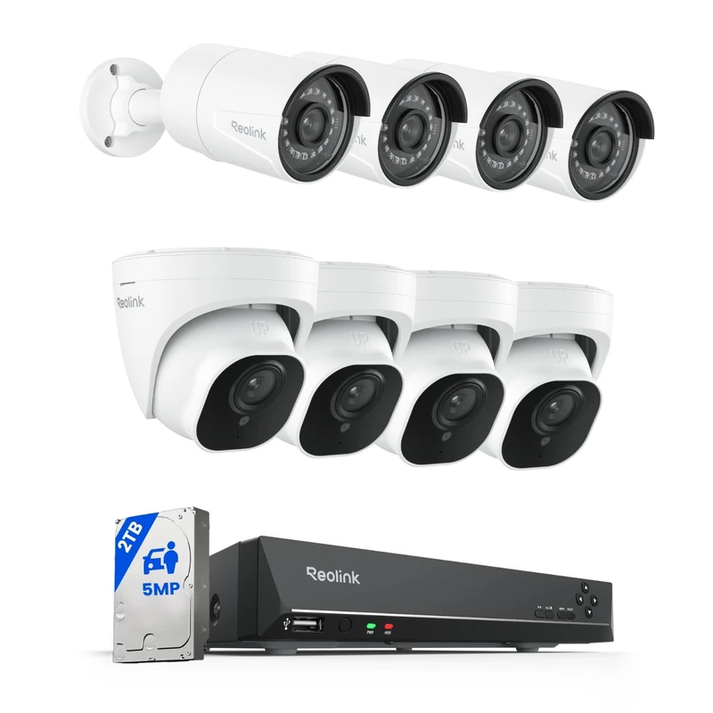 Reolink 4K NVR 8CH PoE CCTV Security Camera System, with 2TB HDD and 5MP Motion Detection Outdoor PoE IP Cameras, 100ft Night Vision Remote Access, RLK8-520D4+510A*4