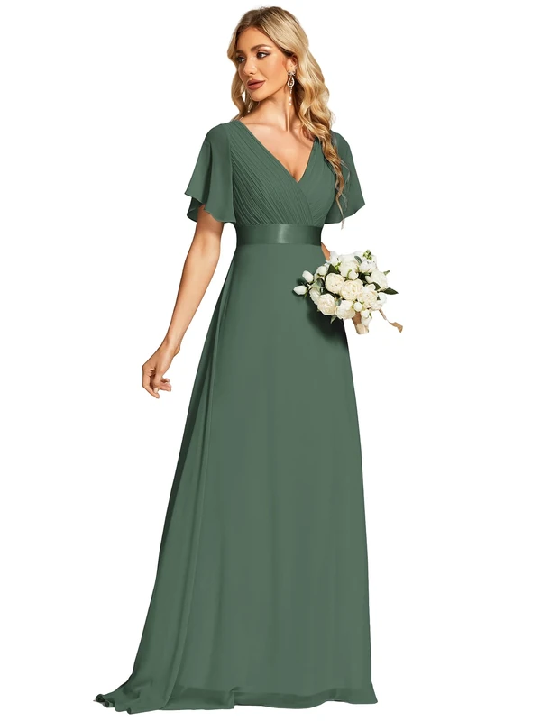 Ever-Pretty Women's Double V-Neck Short Flutter Sleeves Empire Waist Elegant Chiffon Long Evening Dresses Eucalyptus 20UK