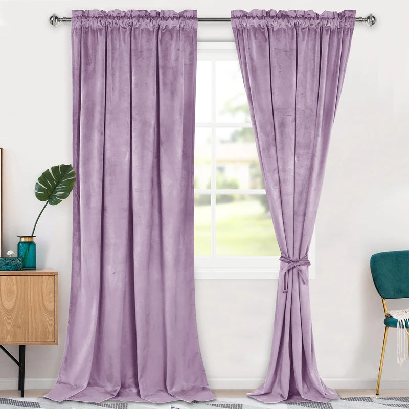 Hiasan Velvet Curtains 108 inch Blackout Rod Pocket Thermal Insulated Soft Curtains Room Darkening Window Drapes with Tiebacks for Bedroom Living Room, Set of 2 Panels, 52W x 108L, Purple