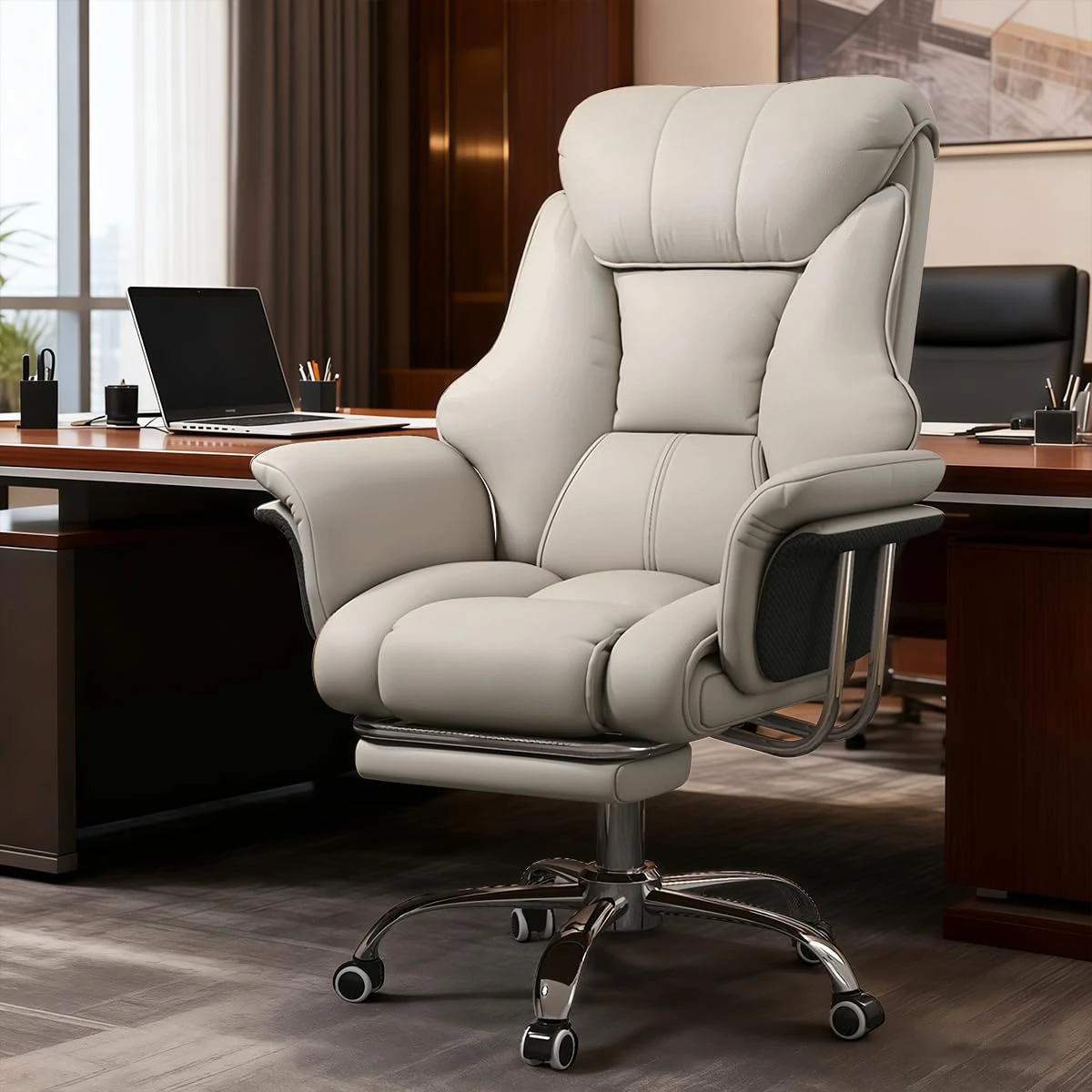 XUEGW Office Chair with Foot Rest and Waist Lumber Support, Ergonomic Gaming Chair with Adjustable Height Headrest, High-Back PU Leather Reclining Chair for Home Office (White)