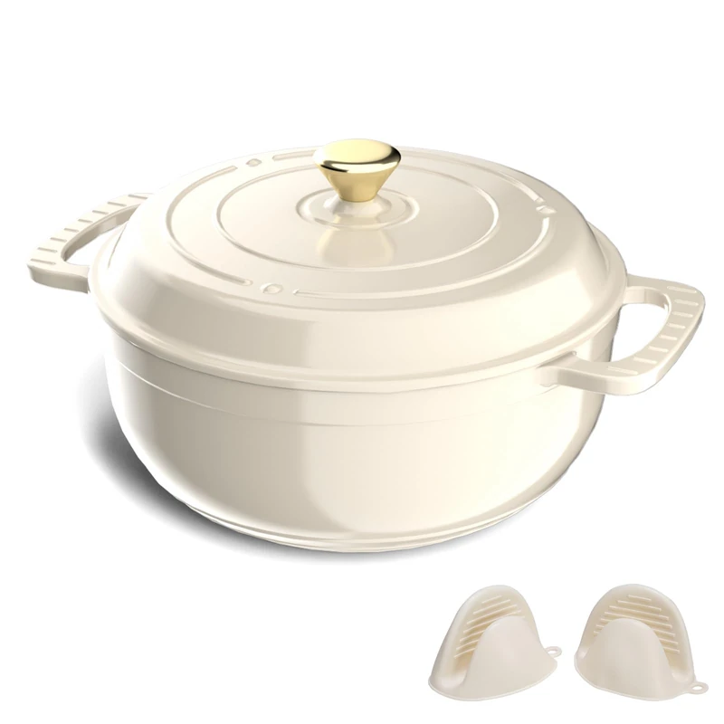 ROVSUN Enameled Cast Iron Round Dutch Oven, 6QT Pot with Lid &Dual Handles with Silicone Gloves, Oven Safe up to 260°C, Heavy-Duty Pre-Seasoned Cookware for Bread Baking, White