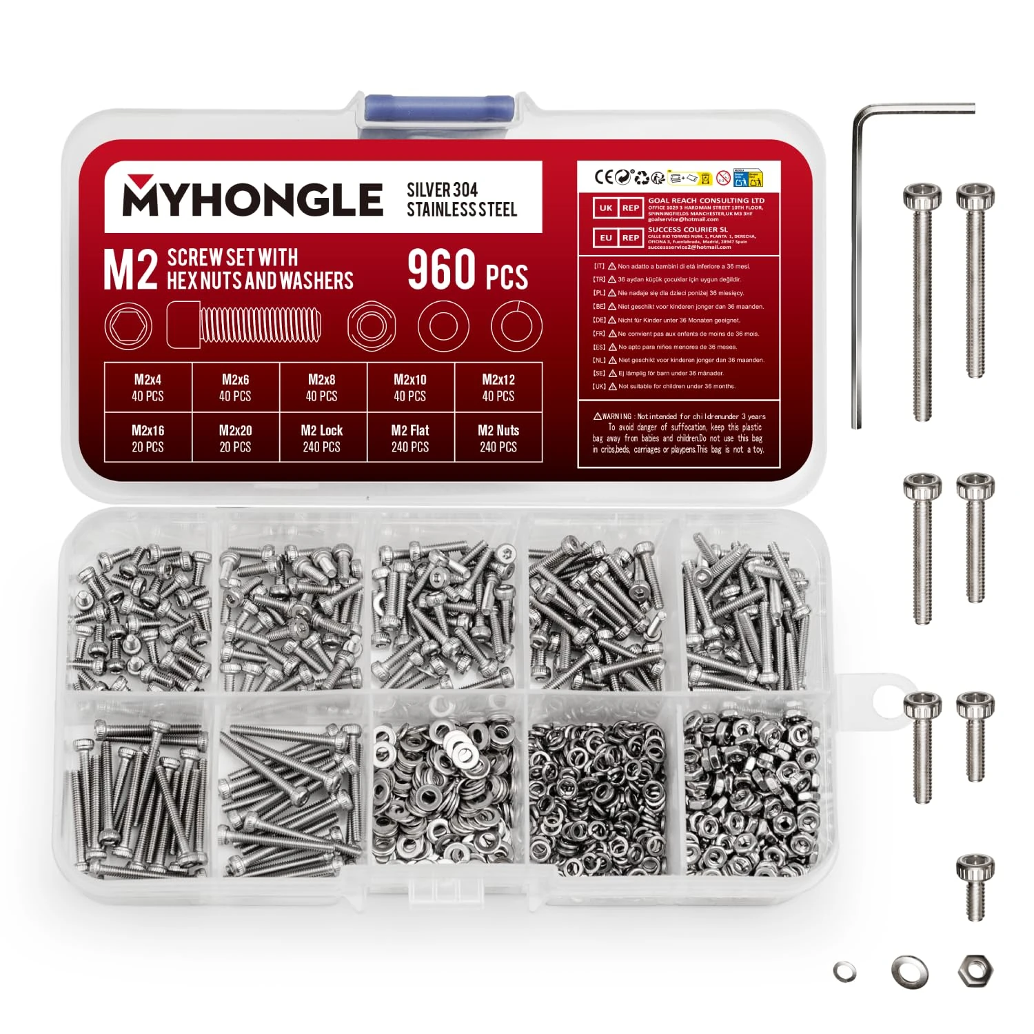 960 Pcs M2 Nuts and Bolts Set, Hex Socket Head Cap Screws Bolts and Nuts Set, Assorted Bolt and Nut Set with Washers, Stainless Steel Machine Screws Assortment Kit for Repair Fastener(M2-960)