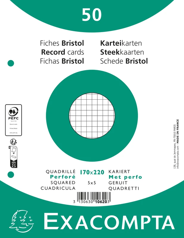 Exacompta - Ref 10620E - Box of 24 Packs of 50 Squared Cards 5x5 Perforated - in Film - Suitable for Inkjet, Laser and photocopiers - Format 170 x 220 mm - White