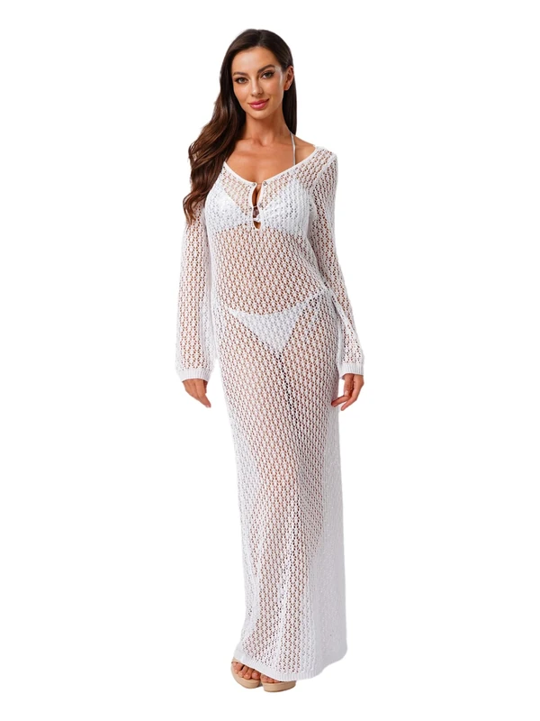 Yhong Women See Through Knit Long Dress Y2k Hollow Out Deep V Neck Bodycon Maxi Dress Crochet Bikini Cover Up White M