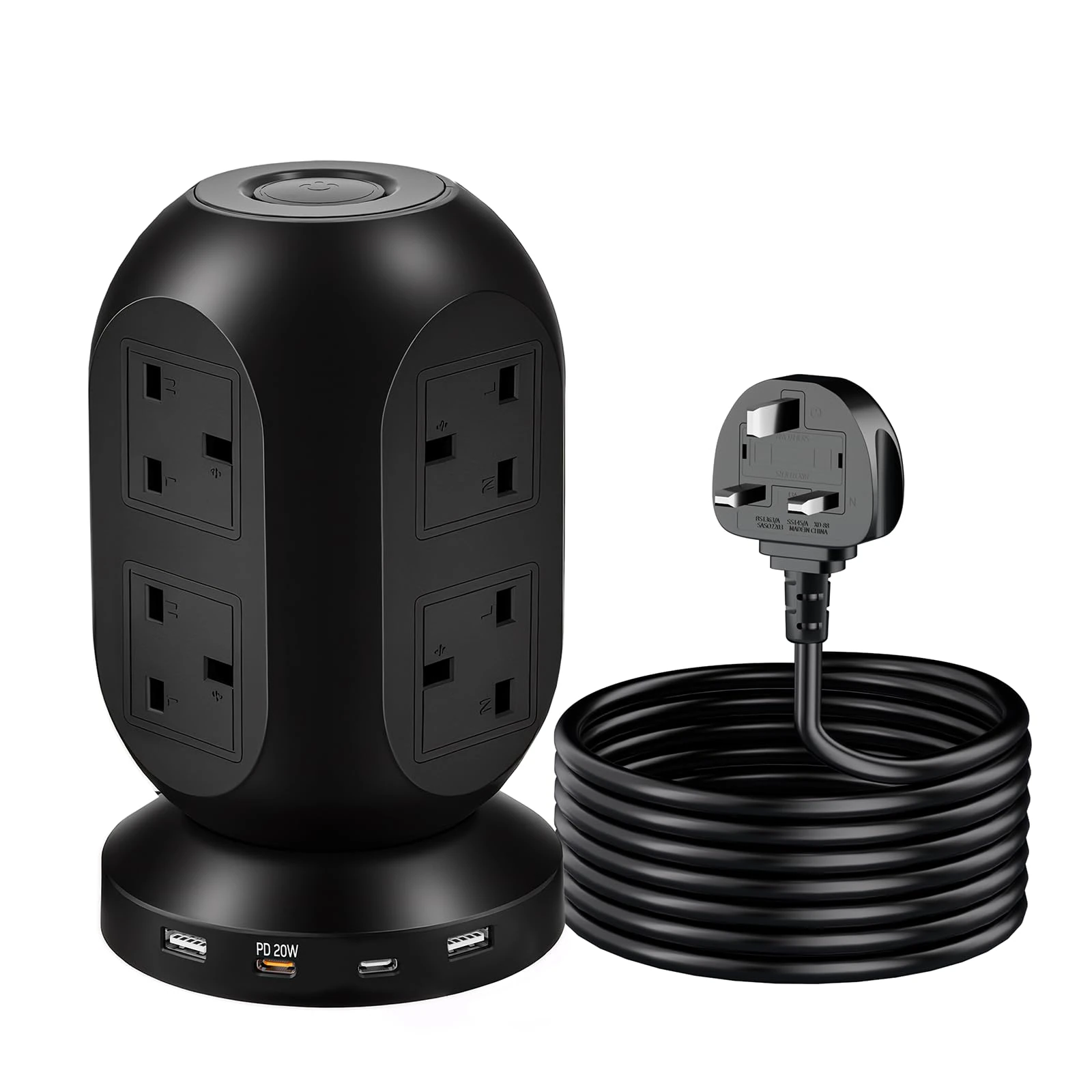 Tower Extension Lead-Power Strips with USB Ports with 8 Outlets and 2 USB Ports,2USB-C(PD20W)Power Tower Extension,Extension Cable with 6 Feet Extension Cord with Multiple Outlets for Home Office Dorm