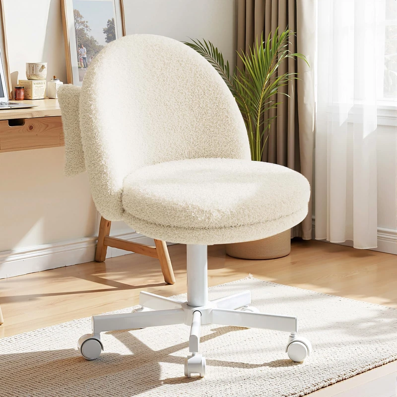COMHOMA Homeoffice Makeup Chair, Office Chair Swivel Armless Chair with Back Support, Comfortable Office Chair on Wheels, Height Adjustable, Fleece White