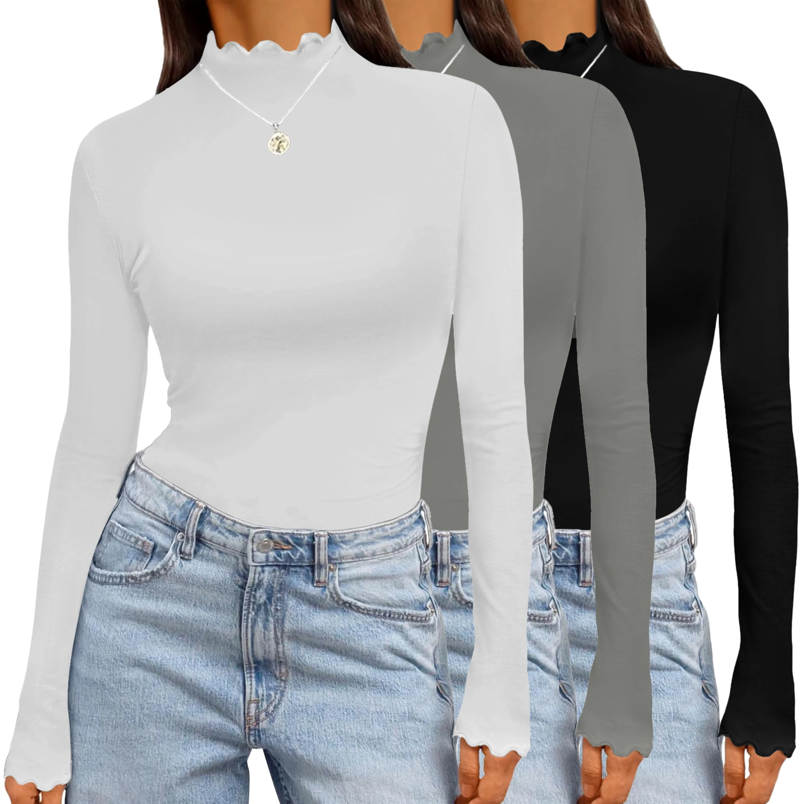 Ekouaer Womens 3 Pack Long Sleeve Shirts Turtleneck Tops for Women Stretch Fitted Thermal Undershirt Layer S-XXL,Black+White,XL