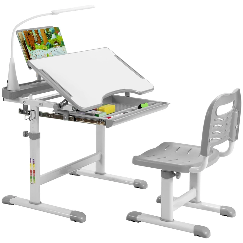 FANTASK Height-Adjustable Children's Desk Set with Tilted Table Top & Drawer & with Book Stand & LED Light, Children's Desk (Grey)