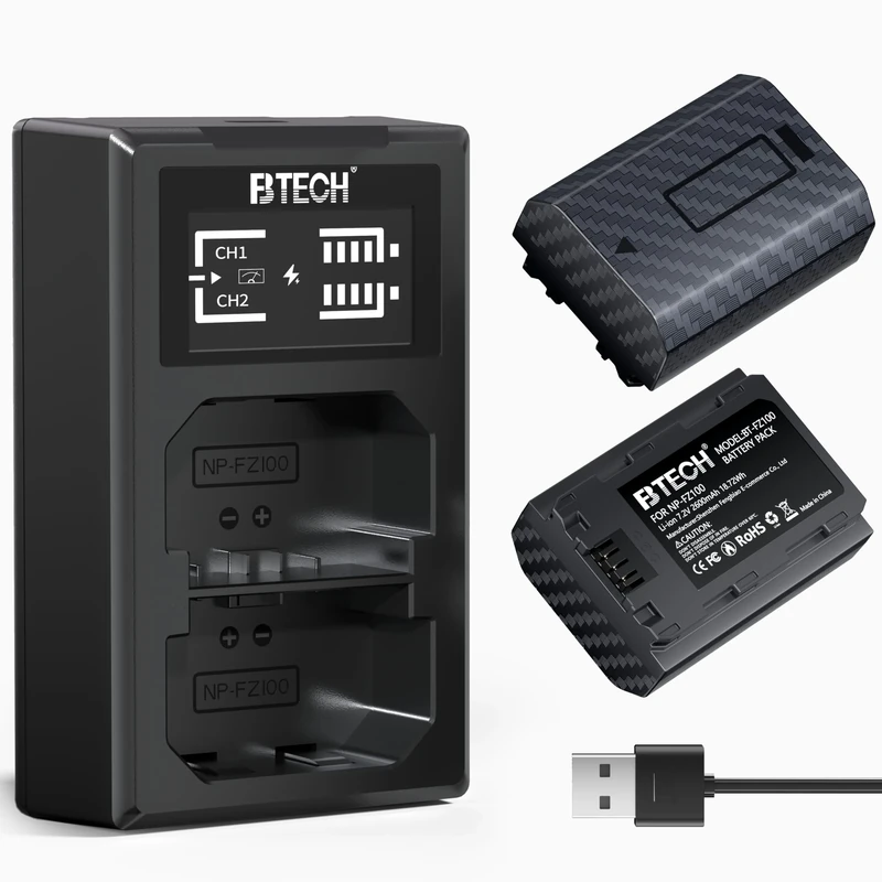 BTECH NP-FZ100 Battery 2600mAh (2-pack) with Dual USB Fast Charger for Sony Alpha 7 III/IV, A7R III–V, A7C, A7S III, A9-Serie, A6600/A6700, FX3/FX30 Digital Cameras