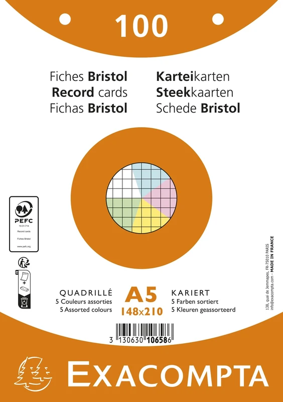 Exacompta - Ref 10658E - Box of 10 Packs of 100 Squared Cards 5x5 Perforated - in Film - Suitable for Inkjet, Laser and photocopiers - 148 x 210 mm - Assorted