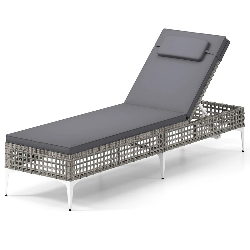 RELAX4LIFE Rattan Sun Lounger, Patio Chaise Lounge Chair with 6-Level Adjustable Backrest, Cushion and Headrest, Outdoor Wicker Recliner Chair Deck Sunbed for Backyard, Poolside & Garden (Gray)