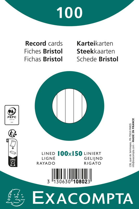 Exacompta - Ref 10802X - Box of 20 Packs of 100 unpunched Ruled Index Cards - Film Sealed - Suitable for Inkjet, Laser and photocopiers - Format 100 x 150 mm - White