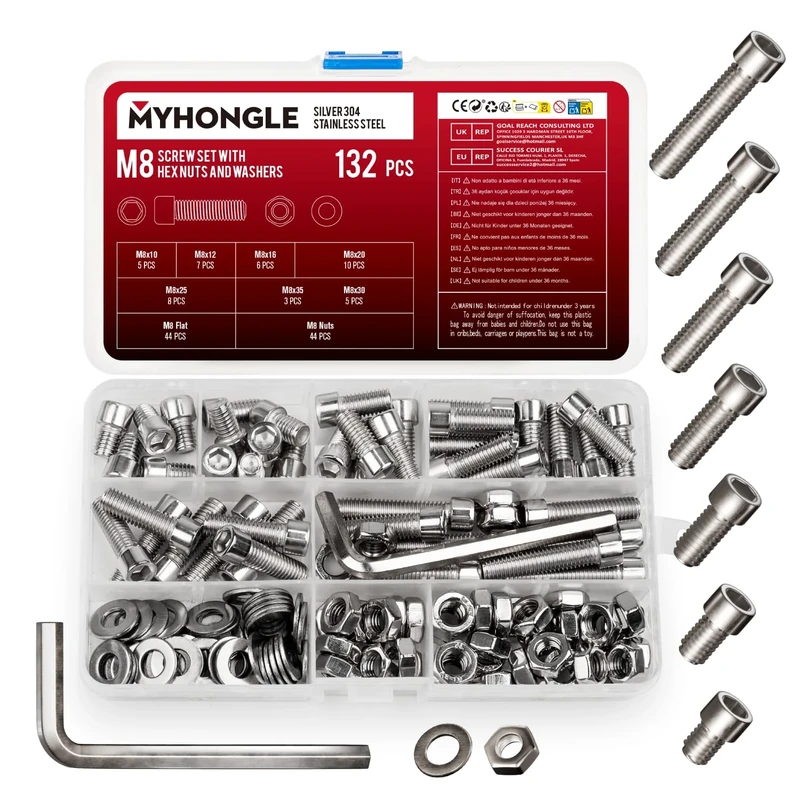132 Pcs M8 Nuts and Bolts Set, Hex Socket Head Cap Screws Bolts and Nuts Set, Assorted Bolt and Nut Set with Washers, Stainless Steel Machine Screws Assortment Kit for Repair Fastener (M8-132)
