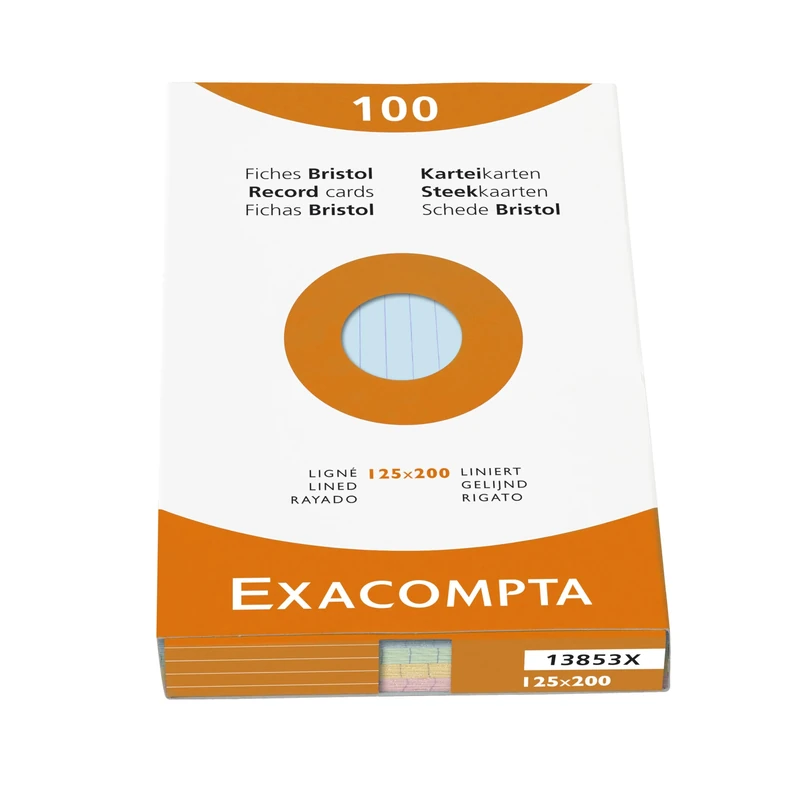 Exacompta - Ref 13853X - Box of 12 Packs of 100 unperforated Ruled Index Cards - Format 125 x 200 mm - Suitable for Inkjet, Laser and photocopiers - Assorted