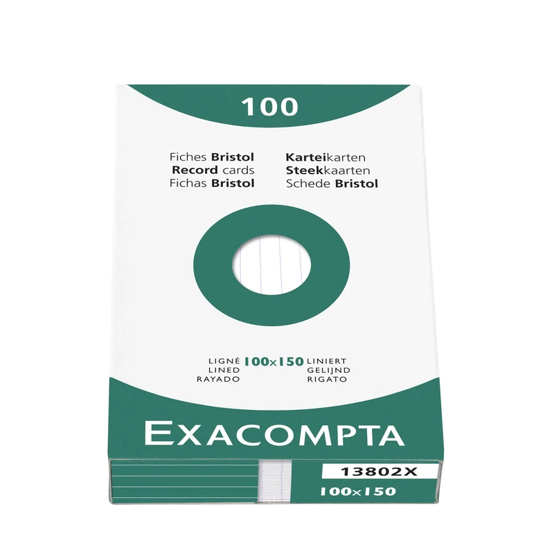 Exacompta - Ref 13802X - Box of 10 Boxes of 100 unperforated Ruled Index Cards - Format 100 x 150 mm - Suitable for Inkjet, Laser and photocopiers - White