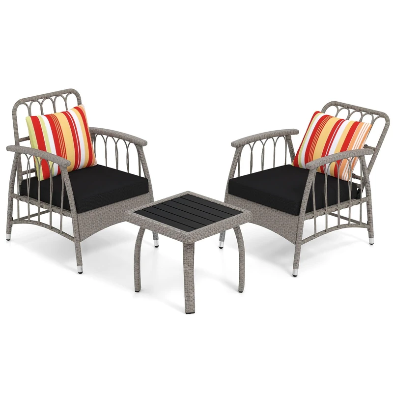 RELAX4LIFE 3 Piece Outdoor Rattan Bistro Set, Wicker Garden Furniture Set with 5-Level Adjustable Backrests & Cushions, Conservatory Coffee Table and Armchairs for Porch Yard Balcony