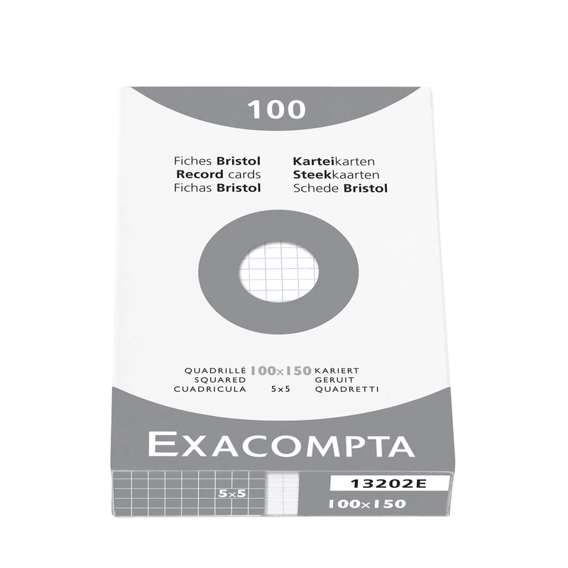 Exacompta - Ref 13202E - Box of 10 Boxes of 100 Index Cards Squared 5x5 unpunched - Format 100 x 150 mm - Suitable for Inkjet, Laser and photocopiers - White