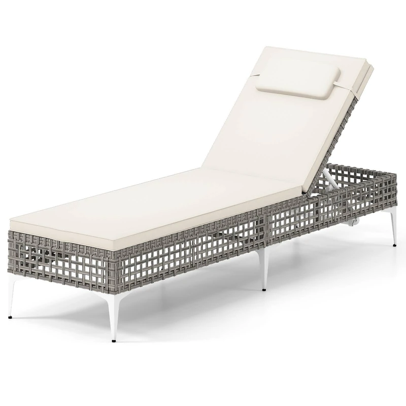 RELAX4LIFE Rattan Sun Lounger, Patio Chaise Lounge Chair with 6-Level Adjustable Backrest, Cushion and Headrest, Outdoor Wicker Recliner Chair Deck Sunbed for Backyard, Poolside & Garden (White)