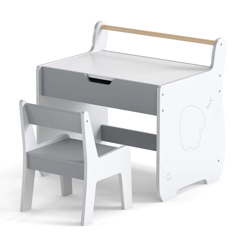 GYMAX Kids Table and Chair Set, Children Activity Desk with Detachable Tabletop, Storage Space & Paper Roll Holder, Wooden Toddler Art Play Table for Living Room Playroom Bedroom (White+Grey)