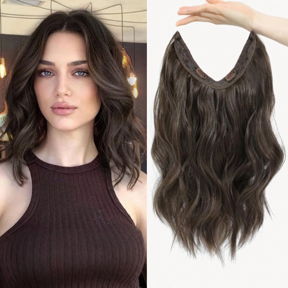 Invisible Wire Hair Extensions One Piece Wavy hair Extension Synthetic HairPieces for Women, 12 Inch Light Brown hairExtensions
