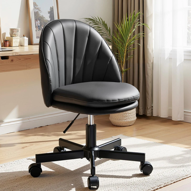 COMHOMA Homeoffice Makeup Chair, Office Chair Swivel Armless Chair with Back Support, Comfortable Office Chair on Wheels, Height Adjustable, PU Leather, Black