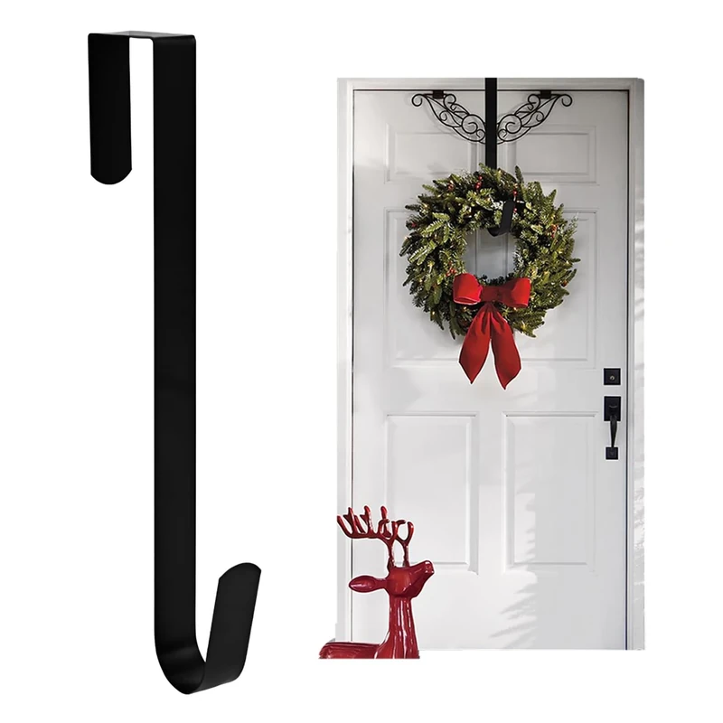 Christmas Wreath Hanger for Front Door,Metal Wreath Hanger,12 Inches Over Door Hanger,Garland Wreaths Hook Holder,Non-Slip Hanging Hooks for Party Holiday,Home Office Wedding Outdoor Decorations(Black
