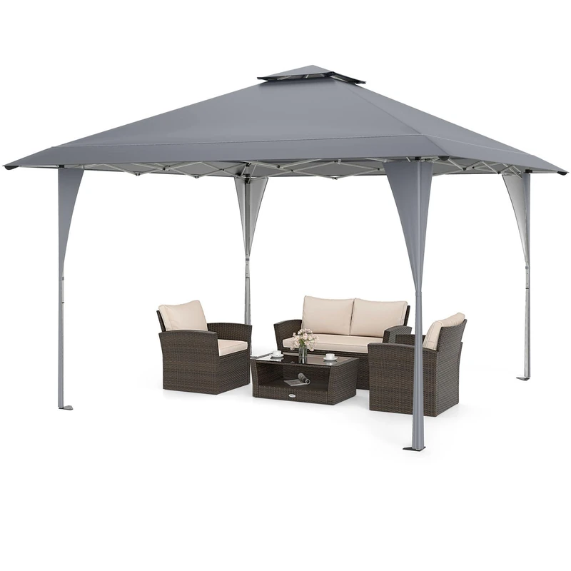 FANTASK Folding Gazebo 4 x 4 m Pop-Up Gazebo with Double Roof and Metal Frame Height Adjustable for Outdoor Market Garden (Grey) - Image 1