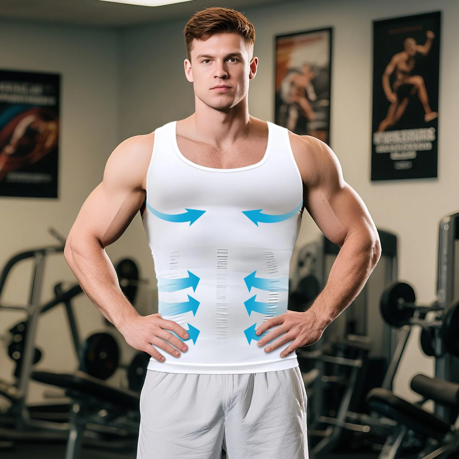 Mens Compression Shirt Slimming Body Shaper Vest Workout Tank Tops Abs Abdomen Undershirts White, White, X-Large