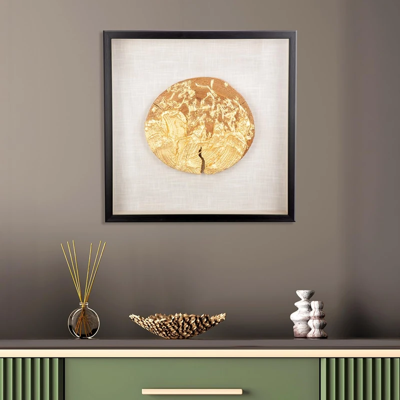 GILDE Picture Wooden Disc Square 60 x 60 x 7 cm Natural Metallic Look Textured - Image 1