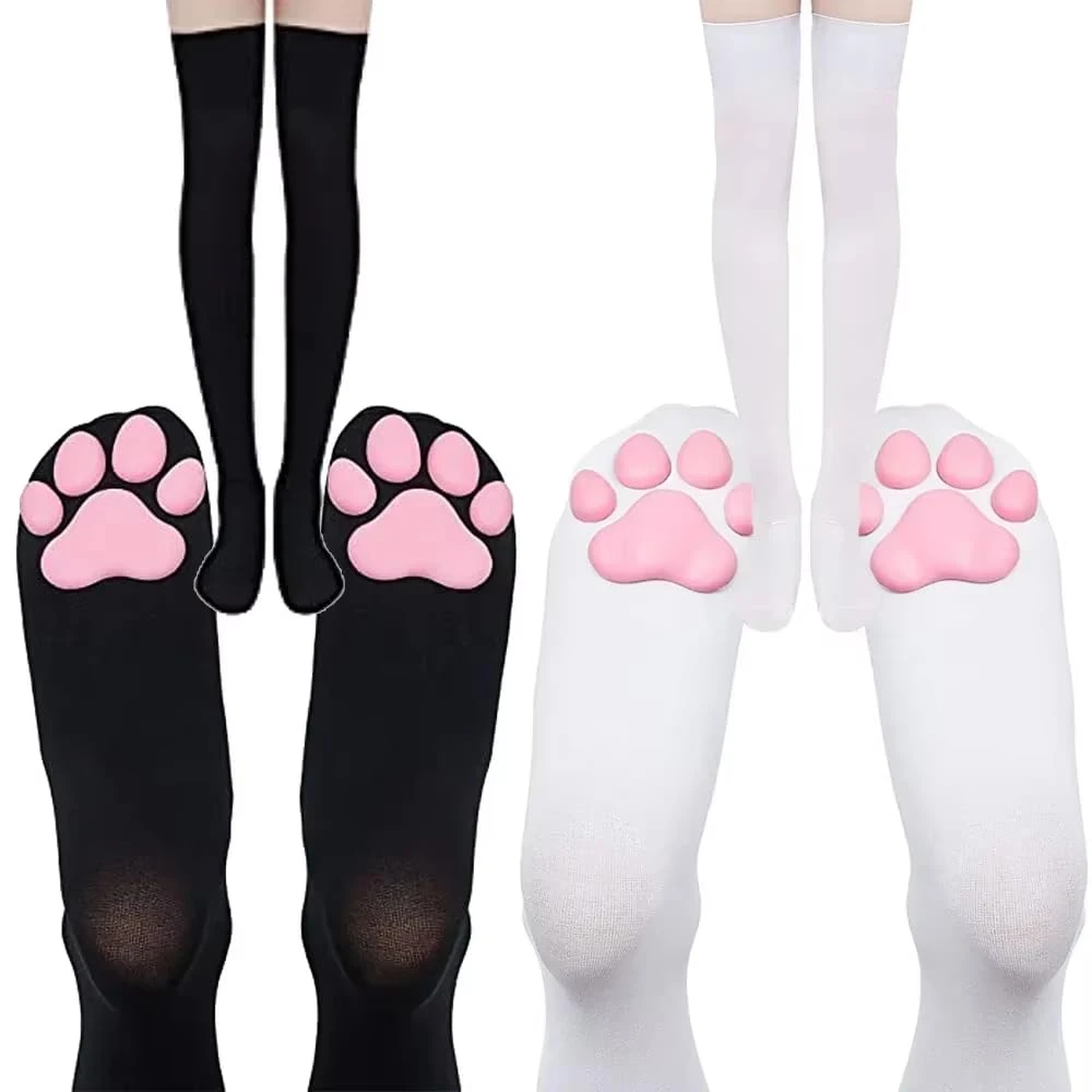 2 Pairs Thigh Highs, Cat Paw Socks, Cute Over Knee Socks for Women, Thigh High Sock with Paws for Cosplay & Daily Wear, Thigh High Stockings with Black & White Cat Claw Pattern
