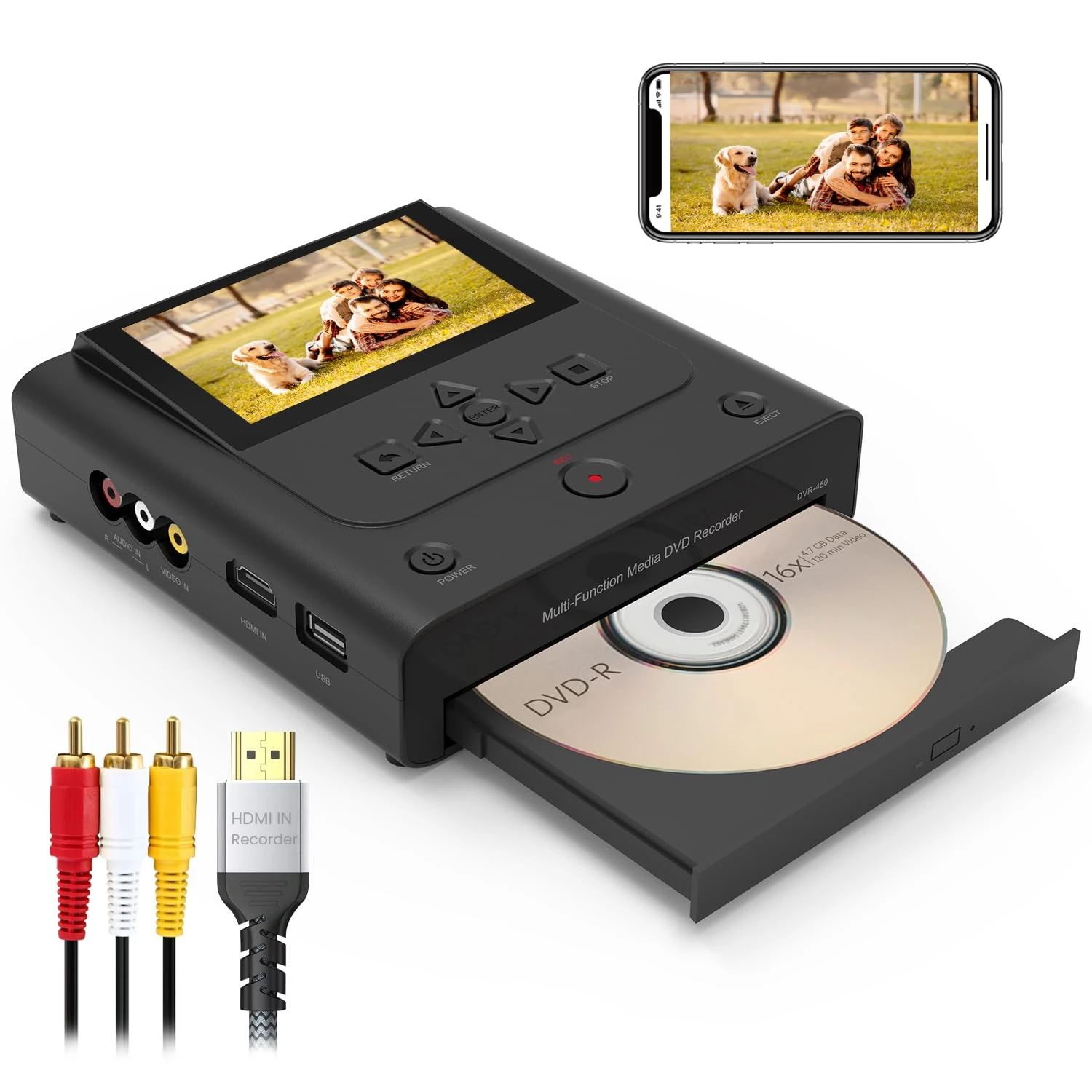 VHS to DVD Recorder, VCR to DVD Recorder-Convert Photos and Videos Between VHS,VCR,Memory Card，DVD and USB. Phone can use a Free app to Burn Videos and Photos, Also has TV Recording Function（Black）