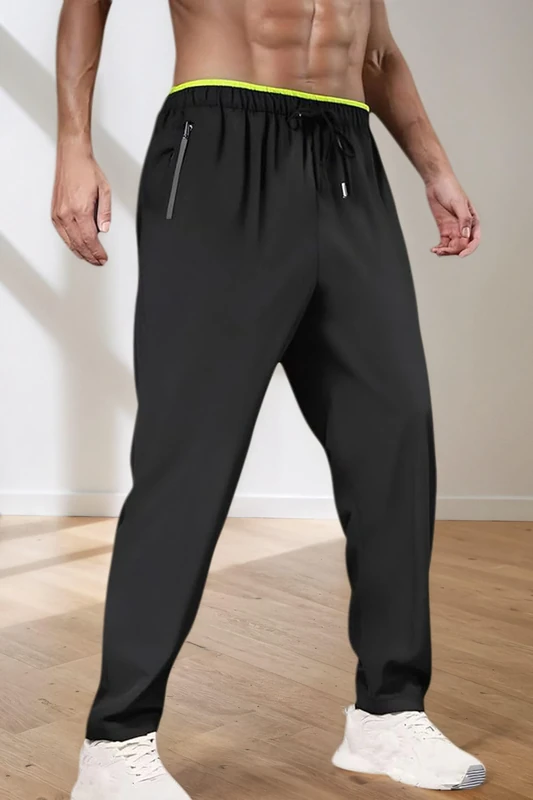 Men's Athletic Training Pants Breathable Elastic Waist Sports Trousers with Pocket, Black&Green, Large