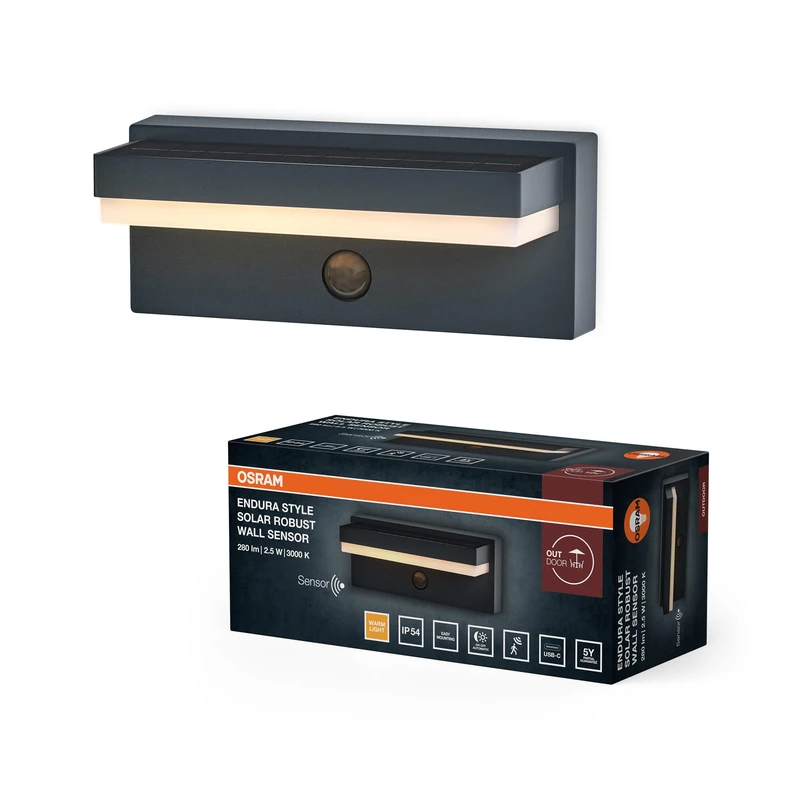 Endura Style Solar+USB Robust Sensor Wall IP54 USB Dark Grey