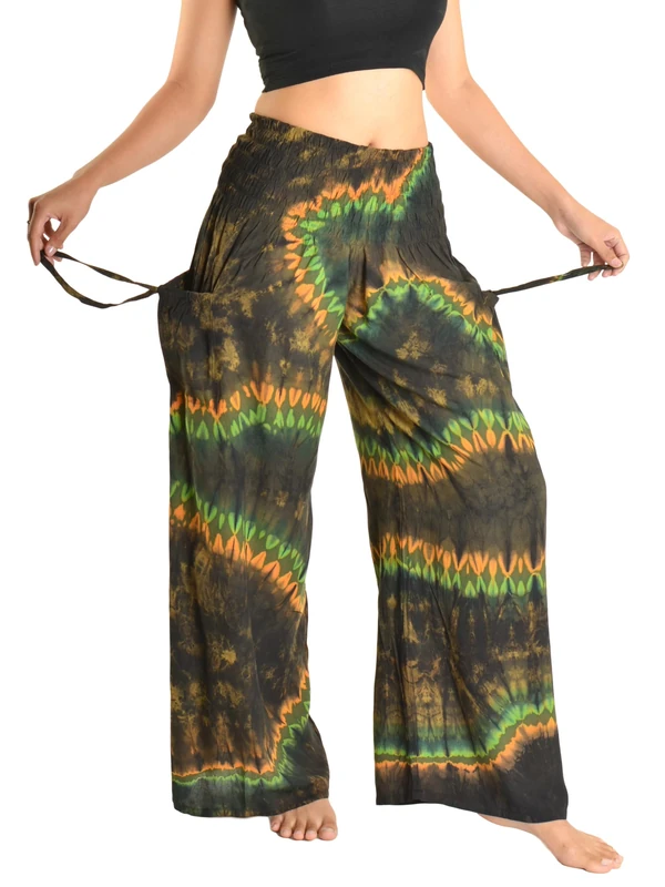 Orient Trail Women's Cold Dyed Wide Leg Palazzo Yoga Tie Dye Pants, Lava Green, XL