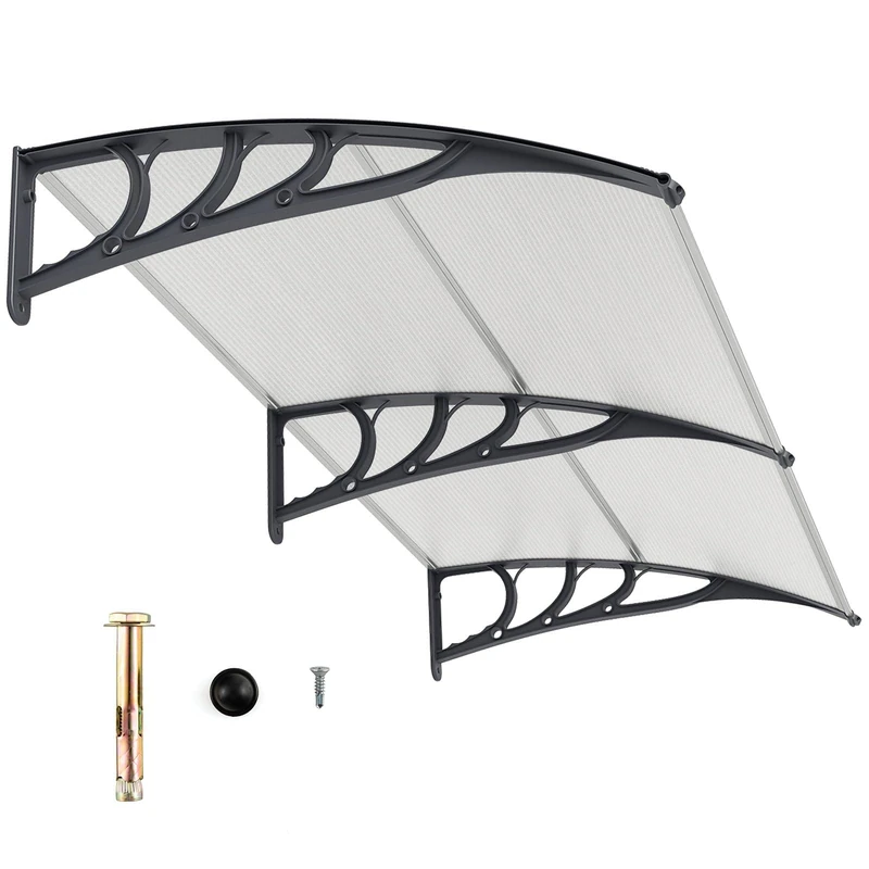 FANTASK Modern Front Door Canopy 199 x 99 cm, Weatherproof & UV-Resistant, Aluminium & Polycarbonate Canopy, Stylish Design for Entrance Area (Silver)