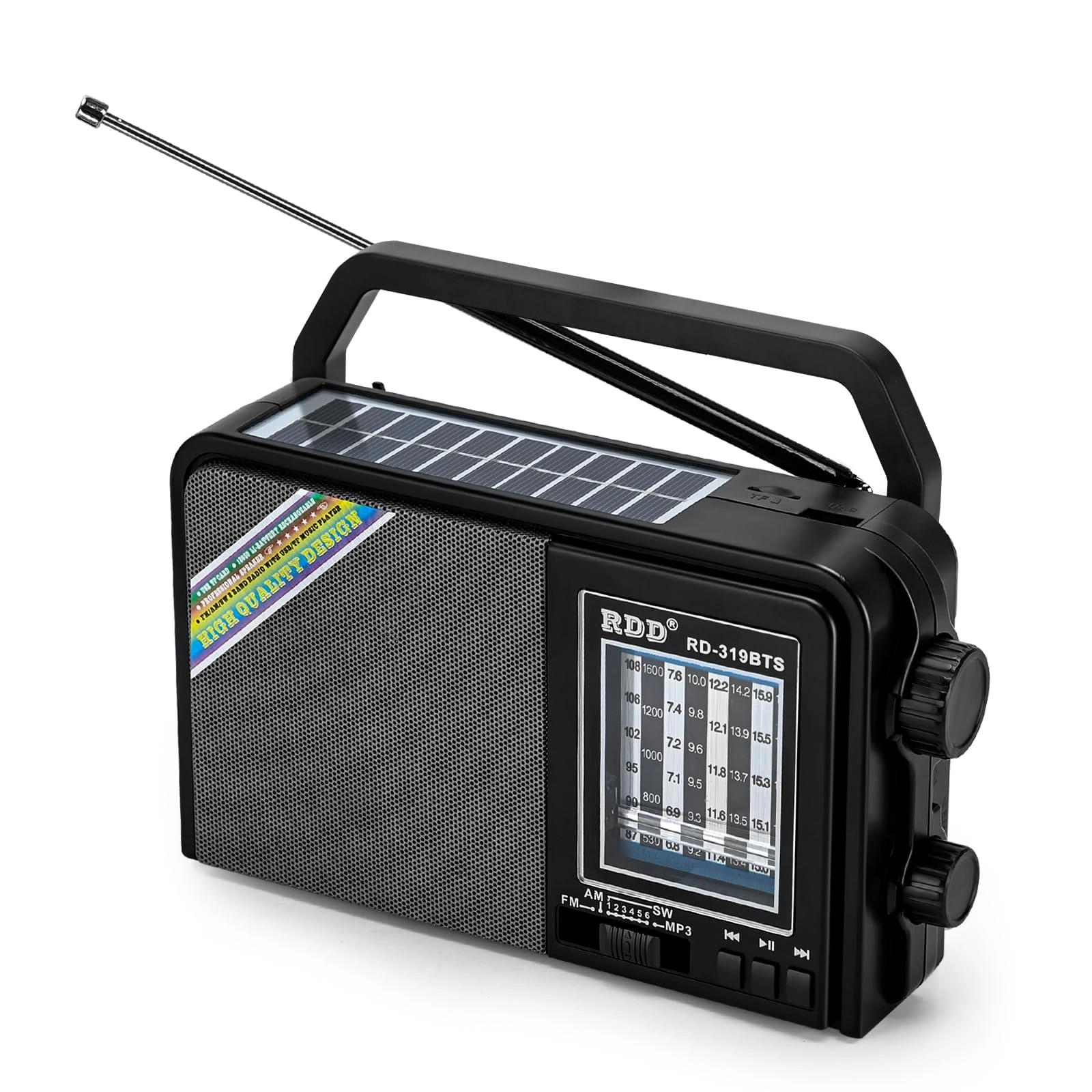 Portable FM AM SW Radio with Bluetooth, Solar Panel & Torch Light, USB/TF MP3 Player, Rechargeable Battery - Digital Battery Operated Radio for Home and Outdoors (Sloar BT, Black)