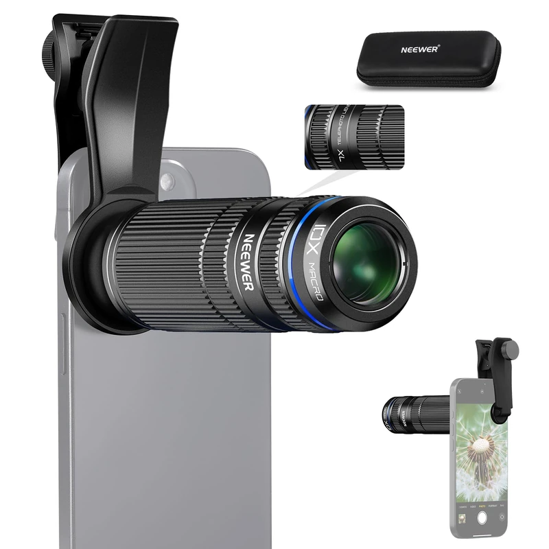 NEEWER 7X Telephoto Lens with Phone Camera Lens Clip, Detachable 10X Macro for 17mm Threaded Backplate/Phone Cage/Case Compatible with iPhone Samsung, LS-36 Ultra