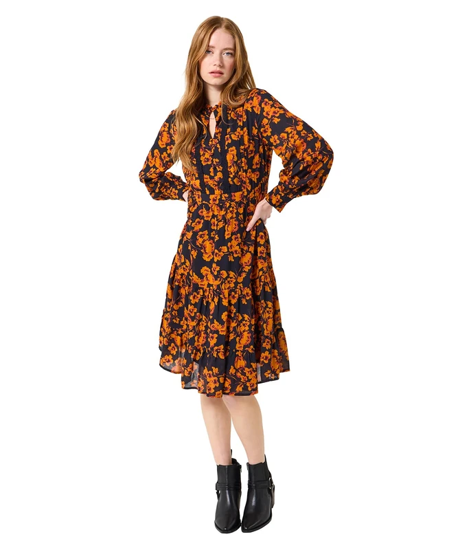 Joe Browns Women's Georgette Fabric Autumn Floral Tiered Dress, Black, 12