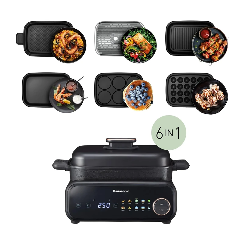 Panasonic NF-GM600 6-in-1 Space saving Electric Multi Cooker, Electric Grill, BBQ, Grill, Steam cooker, 1400W, 9 Auto Modes, 6 Non Stick Cooker Plates, Smoke Extractor, Dishwasher Safe trays, Black