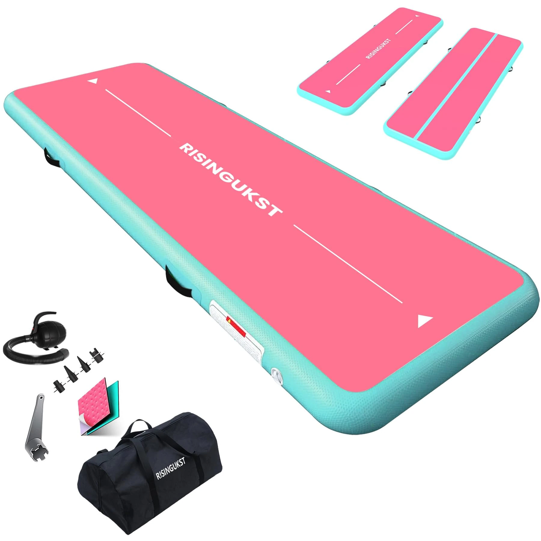 RISINGUKST Air Tumbling Track Mats, 10ft 6inchs Thickness Training Mat for Home Yoga Exercise Outdoor Cheerleading Gymnastics Mats with Pump, Pink and Green